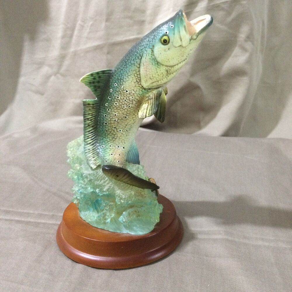 Vintage Fine Art Creations Leaping Bass Figurine Wood Base Fishing Decor